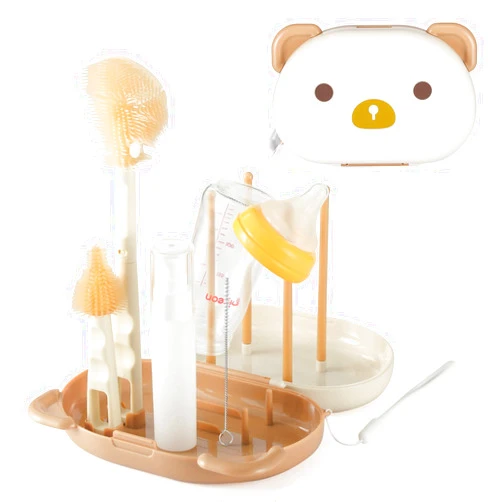 VOOWO Baby Bottle Brush & Drying Rack, Travel Bottle Cleaner Kit, Silicone Nipple & Straw Cleaner (White)