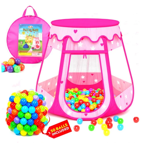 Playz Ball Pit Princess Castle Play Tent for Girls w/ 50 Balls Included - Pop Up Children Play Tent for Indoor & Outdoor Use - Playland Playhouse Tent w/ & Glow in The Dark Stars & Zipper Storage Case