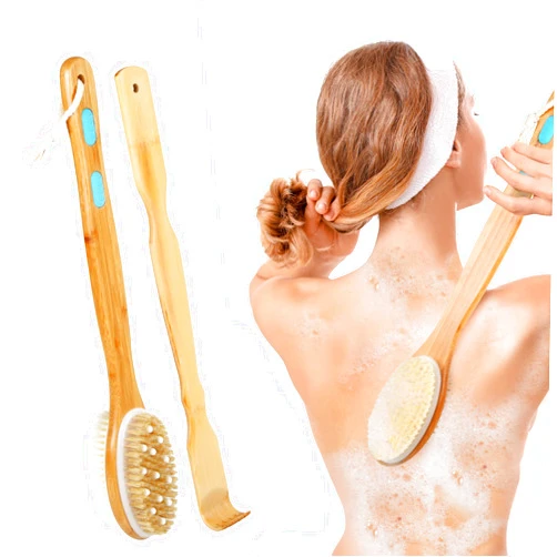 WLMALL Body Shower Brush and Back Scratcher Set, Back Brush with Soft and Stiff Bristles, Exfoliating Skin and A Soft Scrub, Double-Sided Brush Head for Wet or Dry Brushing,Long Handle Cleans The Body Easily