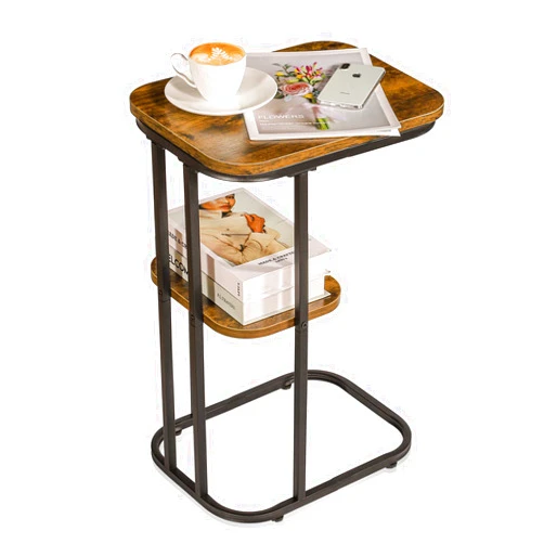 Allinside C Shaped End Table Round Corner, 2-Tier Side Table with Storage Shelf Large TV Snack Tray Ideal for Couch, Sofa Slide Under, Bedside, Small Spaces, Rustic Vintage Style (Brown)