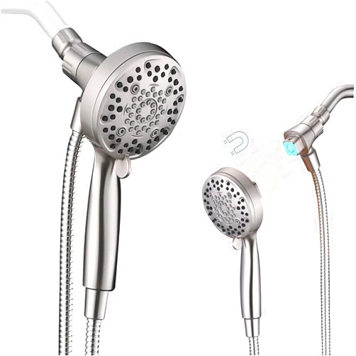 PDPBath High Pressure 6-Setting Handheld Shower Head, Magnetic Shower Head with Handheld Spray, Removable Shower Head with Magnetic Guidance Docking System, 60'' Stainless Steel Hose, Brushed Nickel