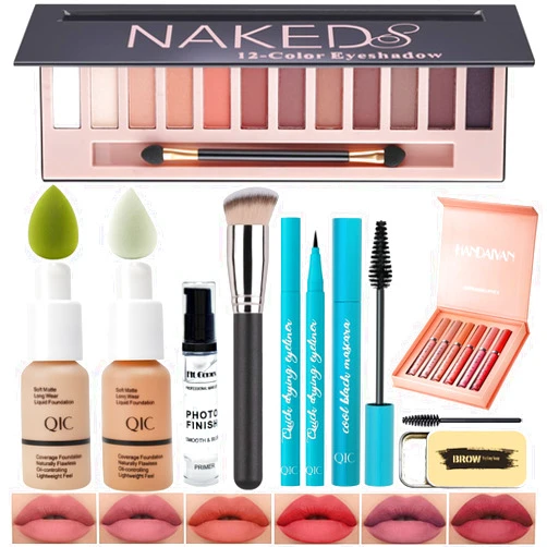 Arindar All In One Makeup Kit Full Kit 12 Colors Eyeshadow Palette,6 Colors Lipstick Set,2 Full Coverage Foundation,Primer,Eyebrow Soap,Waterproof Eyeliner and Mascara (104 Buff Beige +105 Sand+ Matte Shadow)