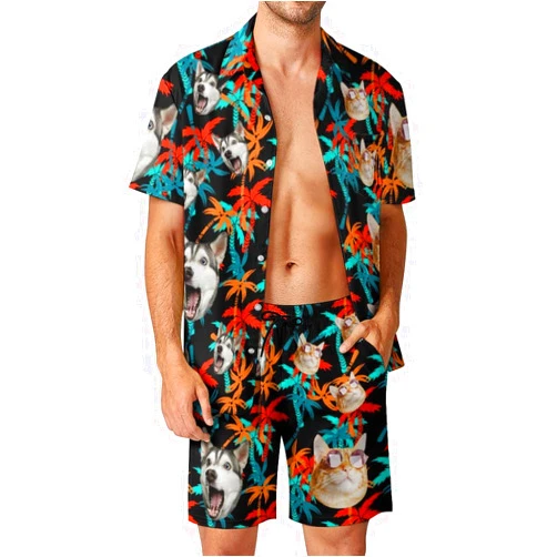 Artsadd Custom Face Men's Hawaiian Shirt and Short Set Personalized 2 Pieces Funny Vacation Outfits Sets with Face, Tropical Floral Printed Outfit Beach Casual Suits Quick Dry for Summer Party
