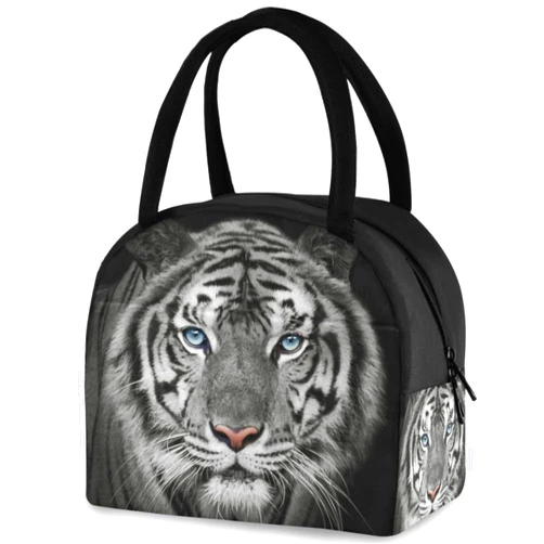 ZzWwR White Tiger Reusable Lunch Tote Bag with Front Pocket Insulated Thermal Cooler Container Bag for Back to School Work Picnic Travel Fishing Beach