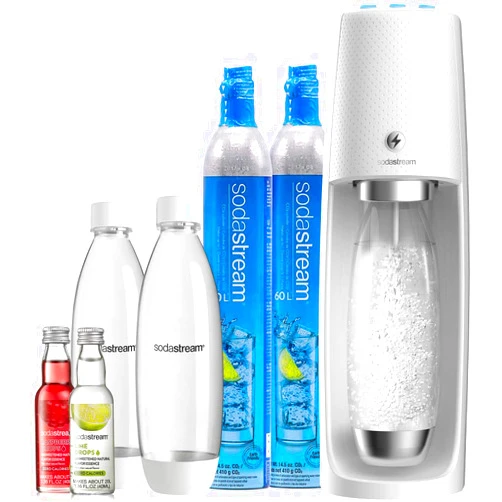 SodaStream One Touch Electric Sparkling Water Maker Bundle (White) with CO2, BPA free Bottles, and 0 Calorie Fruit Drops Flavors