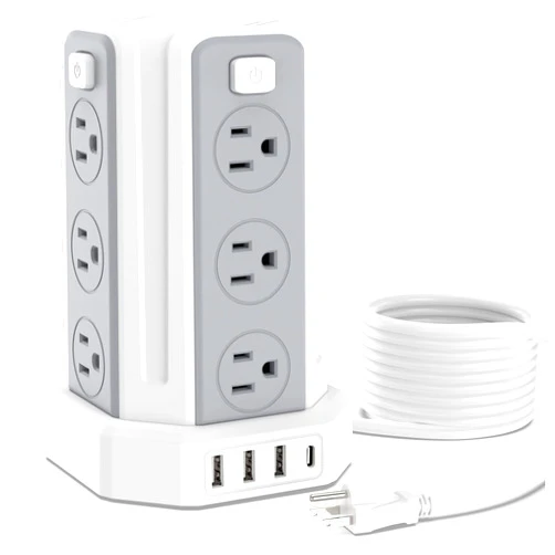 SMALLRT PD 20W Power Strip Surge Protector, 10 Ft Extension Cord with 12 AC Multiple Outlets 4 USB (1 USB C), SMALLRT Power Tower Desktop Charging Station, Home Dorm Room Office Essentials,White