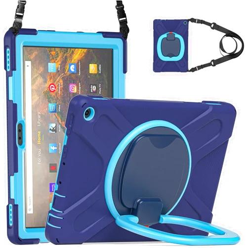PboyiqiS All-New Fire HD 10 & Fire HD 10 Plus Tablet case for Kids(2021 Release,11th Generation),Heavy Sturdy Shockproof Kids Case,Rotating Stand/Carrying Strap, Navy Blue+Blue
