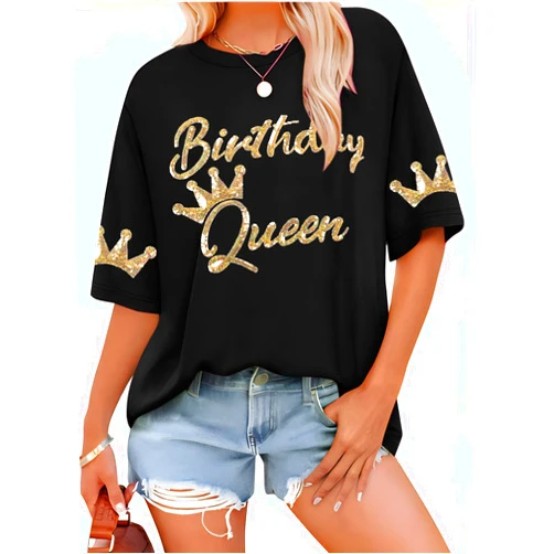 MYHALF Birthday Queen Tshirt Sequin Birthday Party Outfits for Women Happy Birth Day Shirts Birth Day Girls Sparkly Gold Tops