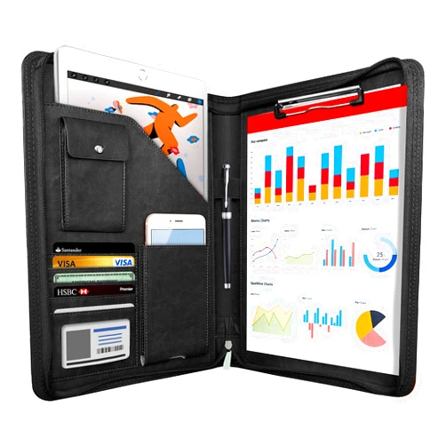 WRIYES Zippered Padfolio Organizer, WRIYES Leather Planner Binder, 10.2 Inch Portfolio Folder for Documents, Letter Size Business Card Holder for Men&Women (Black)