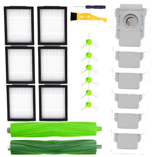 RoLevel Replacement Parts Kit for Roomba i7 i7+ i6+ i8 i3+/Plus E5 E6 E7 Robot Vacuum Cleaner.,Including 1 Set of Rubber Brushes & 6 HEPA Filters & 6 Disposal Bags & 6 Side Brushes. 20pack