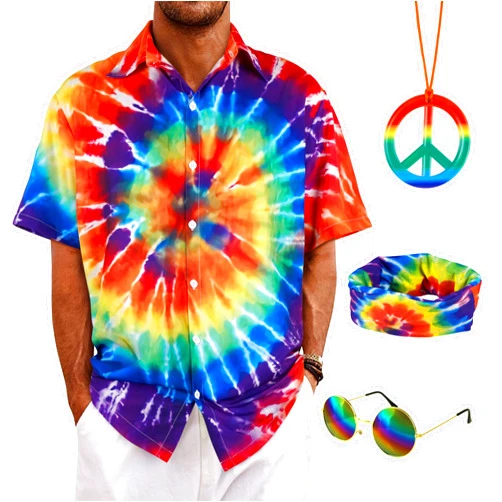 Bombline 4 Pieces Hippie Costume Set,Tie Dye Button Down Shirt Set,Tie Dye Headband,Rainbow Sunglasses,Peace Sign Necklace