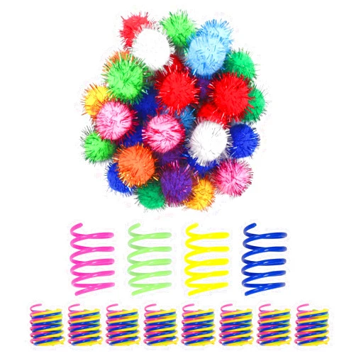 SEVENKA Cat Toys 30 Pcs Color Flash Balls and 36 Spring Toys, 1.1in Small Soft Cat Toy Ball Tinsel Pom Poms, Kitten Toys, Plastic Spiral Springs for Cat Swatting, Biting, Hunting, Active Healthy Play