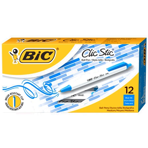 BIC Clic Stic Retractable Ball Pen, Medium Point (1.0mm), Blue, 12-Count