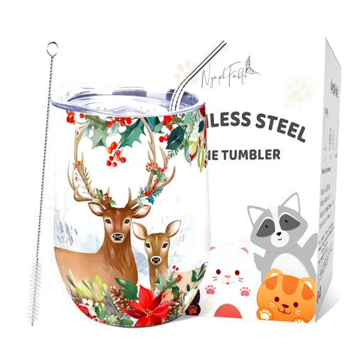 NymphFable 12oz Merry Christmas Insulated Wine Tumbler With Lid and Straw Stainless Steel, Wine Glass Coffee Mug
