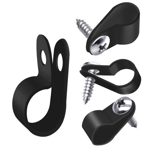 mankk 100PCS 3/8 Inch Rope Light Clips P-Style Mounting Clips Plastic Cable Clamps with Compatible Stainless Steel Pan Head Phillips Screws for Wire Management M-032-BK-LS
