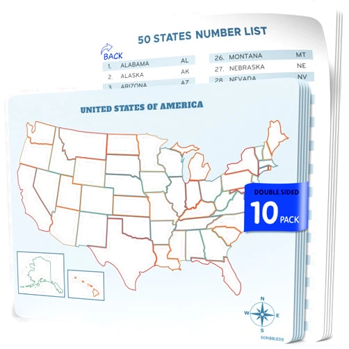 SCRIBBLEDO US Map Practice Sheets 11”x14” Map Of The United States Dry Erase Sheets Homeschool Supplies United States Map Teacher Students Classroom Pack of 10 Sheets