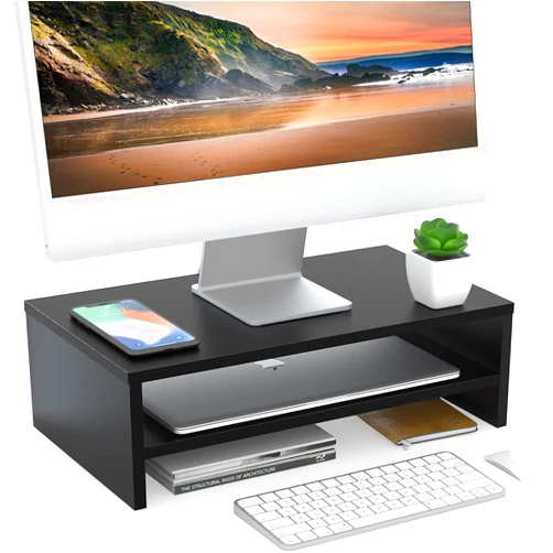 FITUEYES Monitor Stand - 2 Tier Computer Monitor Riser with 16.7 Inch Shelf, Wood Desktop Stand for Laptop Computer Screen, Desk Organization, Office Supplies,Black, DT204201WB