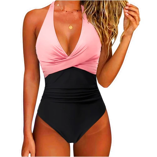 SUUKSESS Women Sexy Tummy Control One Piece Swimsuits Halter Push Up Bathing Suits