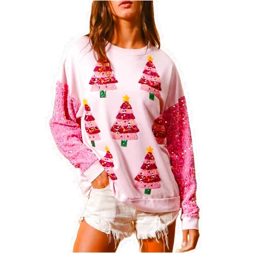 Lordree Women Sequin Christmas Sweatshirt Sparkle Xmas Crew Neck Pullover Top Funny Graphic Oversized Shirts Ugly Sweaters