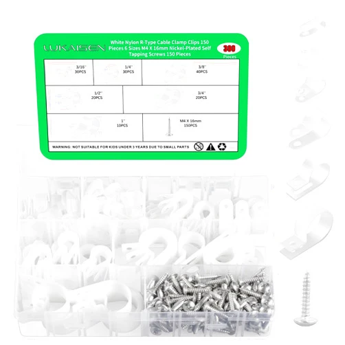 LuKaiSen Cable Clips for Cable Management Cord Organizer, 300PCS White Nylon Plastic R-Type Cable Clamps 3/16