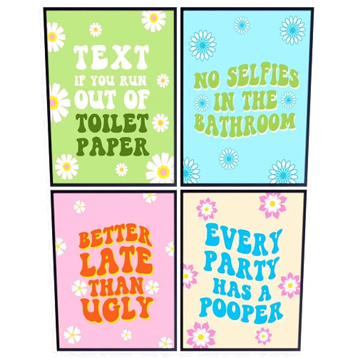YELLOWBIRD ART & DESIGN 60s 70s Vintage Bathroom Decor - Cute Bath Pictures - Small Bathroom Wall Art - Funny Quotes Wall Decor Poster Set - Hippie Restroom Print Aesthetic - Retro style Preppy Room Picture - Restroom Sign