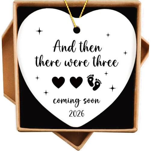 Pwrlveiut Gifts for Expecting Parents and Then There were Three Ceramic Ornament Baby Coming Soon Announcement Gifts Pregnancy Announcement for Husband Family Grandparents Christmas Tree Decoration