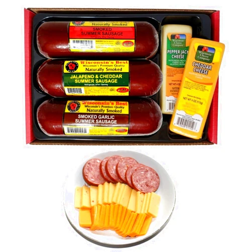WISCONSIN CHEESE COMPANY Wisconsin's Best & Wisconsin Cheese Company - Gourmet Variety 100% Wisconsin Cheese & Original, Garlic & Jalapeno Cheddar Summer Sausage Sampler Gift Basket. Great Gift for Father's Day