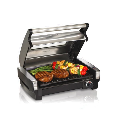Hamilton Beach Electric Indoor Searing Grill with Viewing Window & Adjustable Temperature Control to 450F, 118 sq. in. Surface Serves 6, Removable Nonstick Grate, Stainless Steel
