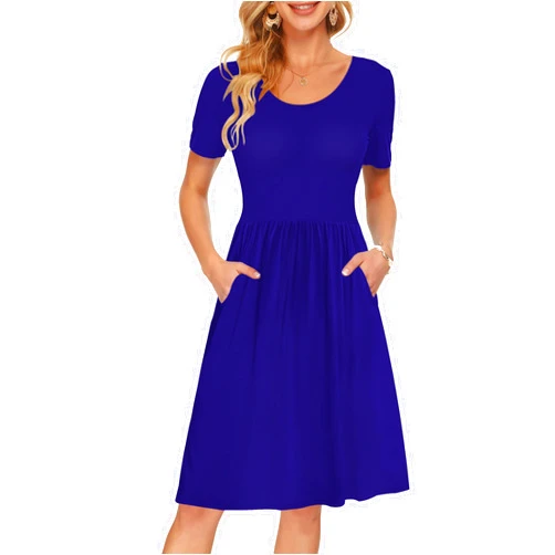 AUSELILY Women's Short Sleeve Empire Waist Dress Pleated Loose Swing Knee Length Dresses with Pockets 2025 New