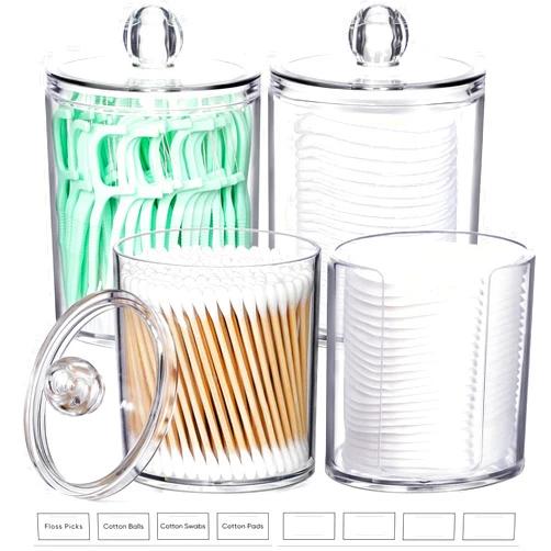 AOZITA 4 Pcs, Acrylic Qtip Holder Dispenser for Cotton Swab, Ball, Round Pads, Floss Picks - Clear Plastic Apothecary Jar Set for Bathroom Canister Storage Organization, Vanity Makeup Organizer