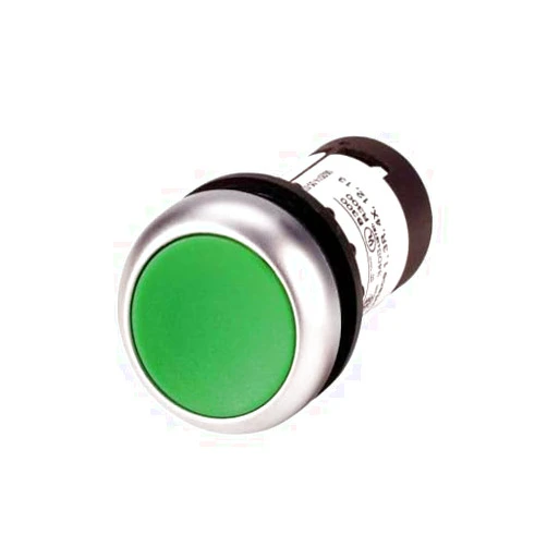 Eaton C22-DR-G-K10 Pushbutton Switch, Flush Mounted, Maintained Operation, Green Button Color, Silver Bezel Color, SPST-NO Contacts