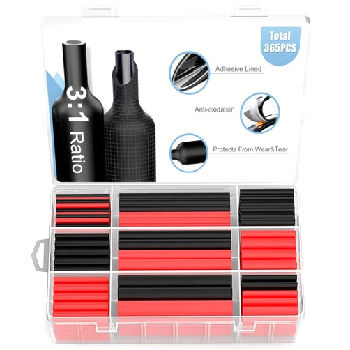 ELECFUN Waterproof Heat Shrink Tubing Kit 365 pcs, 3:1 Dual Wall Tube - Adhesive Lined Heatshrink for Wires - Marine Grade and Industrial Shrinkable Wiring Wrap Fully Insulation Black/Red, 7 Sizes