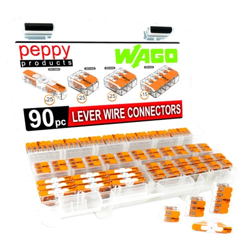 Peppy Products WAGO 221 Lever Nuts 90pc Compact Splicing Wire Connector Assortment with Case. Includes (25x) 221-2401, (25x) 221-412, (25x) 221-413, (15x) 221-415