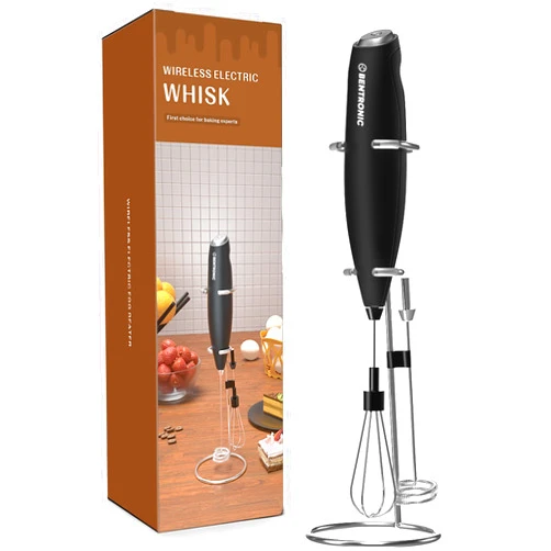 BENTRONIC Double whisk Milk Frother Handheld electric mixer, Egg Beater, Foam Maker for Coffee, Latte, and Cappuccino, matcha whisk Drink Mixer, kitchen gadgets, with stand. BENTRONIC (black)