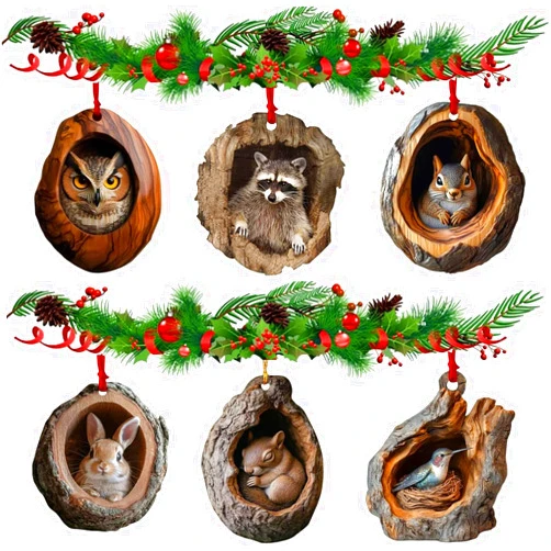 Vikakiooze Christmas Tree Animal Pattern 2D Acrylic Ornament, Animal Christmas Ornament, Forest Animal Decoration, Seasonal Decor for Christmas Tree, Ceiling, Christmas Decor Keepsake Gifts (6pcs)