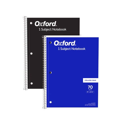 Oxford Spiral Notebooks, 1-Subject for School, College Ruled Paper, 70 Sheets, 8 x 10.5 Inches, Black, Blue, 2 Pack (1002522)