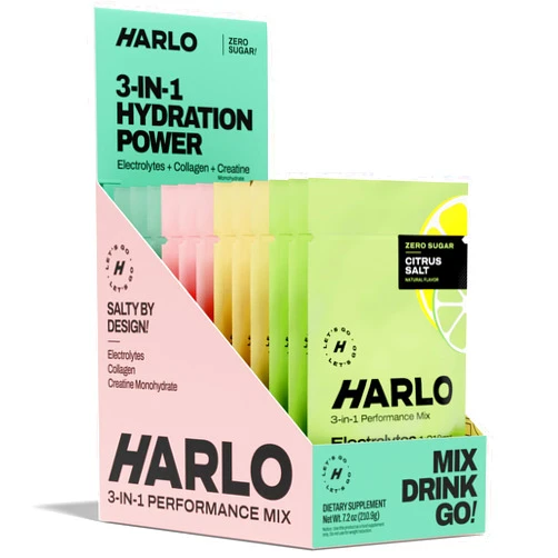 Harlo - Variety 12-Pack Electrolyte Mix with Added Bovine Collagen & Creatine - Creatine Monohydrate Powder, Energy Drink Powder, Sugar Free Energy Drinks - Citrus, Pineapple, Raspberry, Watermelon