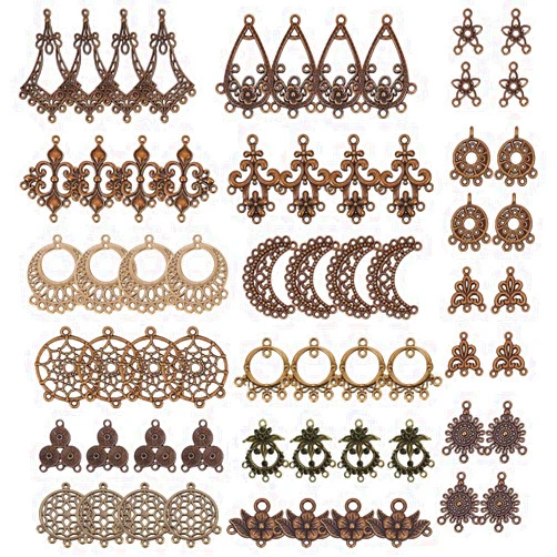 SUNNYCLUE 1 Box 64Pcs Assorted Chandelier Connector Charms Tibetan Style Antique Bronze Flower Dream Catcher Charm Earring Findings Loops Vintage Linking Connectors Charm for Jewelry Making Charms