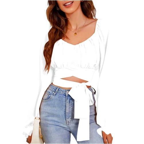 Rooscier Women's Ruched Wrap Square Neck Flounce Long Sleeve Self Tie Crop Top Blouse