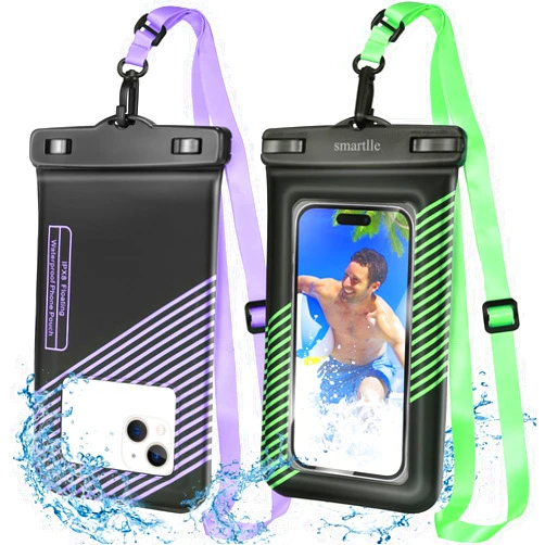 Smartlle Floating waterproof phone pouches bags, IPX8 floatable cell phone water protectors cases 2 pack w/Adjustable Neck Lanyard, for iPhone 15 14 13 Pro Max 12 11, for Galaxy S24 S23 Ultra 7