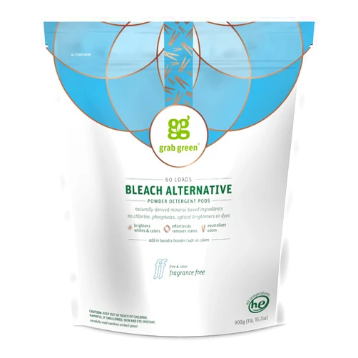 Grab Green Bleach Alternative Pods, 60 Count, Chlorine Free, Fragrance Free, Plant and Mineral Based, Laundry Booster to Brighten Whites, Removes Stains, Neutralizes Odors