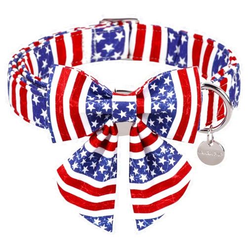 UP URARA PUP Patriotic Dog Collar with Bow Tie, 4th of July Bowtie Dog Collar, American Flag Collar for Large Boy Girl Dog, Comfortable Summer Bowtie Collar with Metal Buckle, L, Neck 16-24in