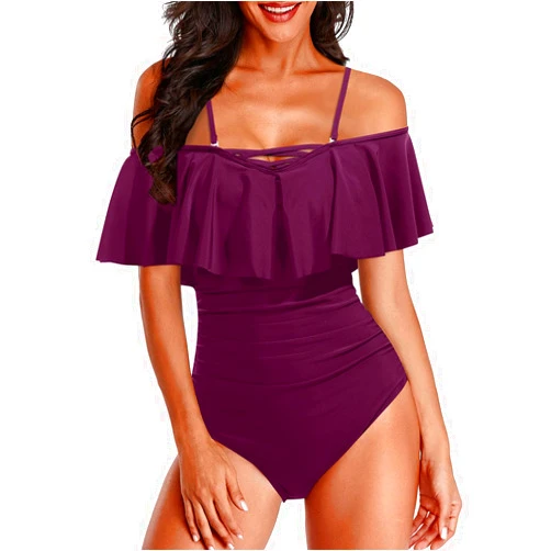 Holipick Women Off Shoulder One Piece Swimsuits Tummy Control Bathing Suits Vintage Ruffle Swimwear