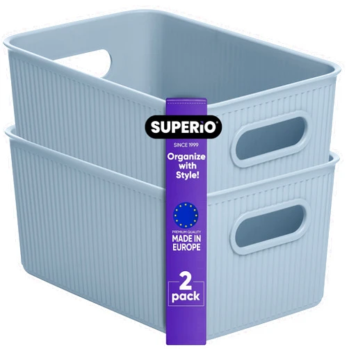 Superio Ribbed Collection - Decorative Plastic Open Home Storage Bins Organizer Baskets, Medium Blue (2 Pack) Container Boxes for Organizing Closet Shelves Drawer Shelf 5 Liter