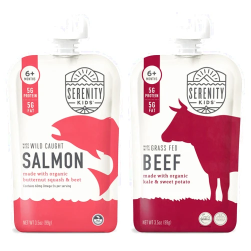 Serenity Kids Surf & Turf Baby Food Pouches Bundle | 6 Each of Wild Caught Salmon & Grass Fed Beef (12 Count)