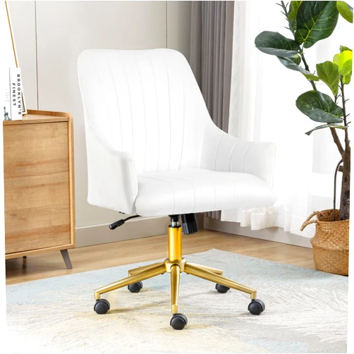 Jonpony Desk Chair for Home Office Velvet Modern Accent Chair Upholstered Tufted Office Chair with Gold Base Swivel Wheels and Adjustable Height Armchair Study Work Stool White Vanity Chair for Women, Girls