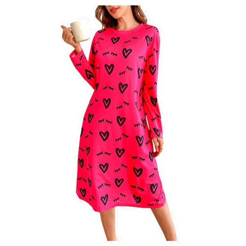SweatyRocks Women's Graphic Heart Pajama Dress Long Sleeve Oversized Nightgowns Sleep Dress Loungewear