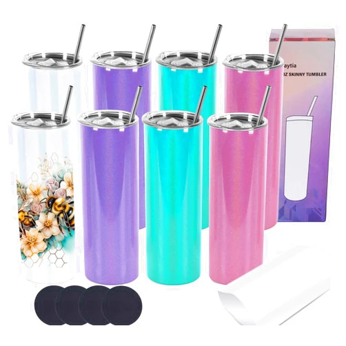 Wzaytia Glitter Sublimation Tumblers 20 Oz Skinny Straight, 8 Pack Sublimation Glitter Shimmer Tumbler Blanks, Individually Boxed Stainless Steel Glitter Tumblers, Mixed Color