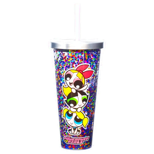 Spoontiques - Glitter Filled Acrylic Tumbler - Glitter Cup with Straw - 20 oz - Stainless Steel Locking Lid with Straw - Double Wall Insulated - BPA Free - Powerpuff Girls Glitter Cup