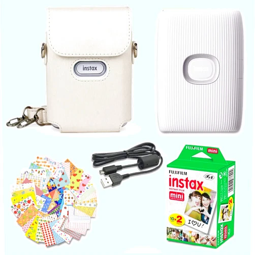 Fujifilm Instax Mini Link 2 Smartphone Printer Clay White + Fuji Film Value Pack (20 Sheets)+ Shutter Accessories Bundle, Incl. Protective Case, 20 Sticker Frames, USB Cable